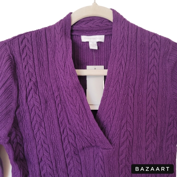 Charter Club Sweater Womens M Medium Purple Long Sleeve Pullover V-Neck Cable - Picture 2 of 6